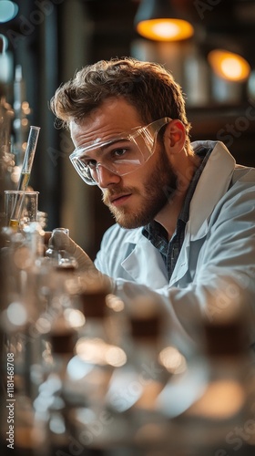 Scientist conducting research in laboratory with various glassware during eve...