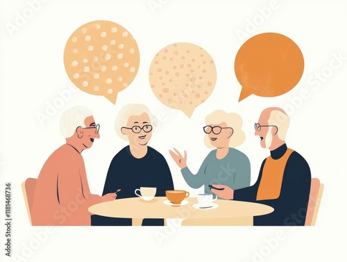 Senior group conversation over coffee in a cozy setting with speech bubbles highlighting interaction