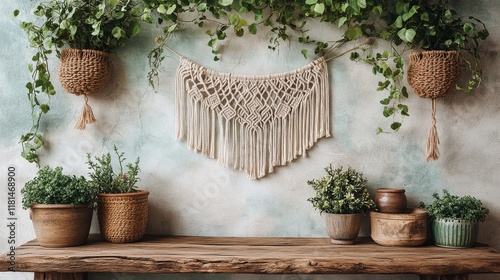 Macrame wall hanging decorated with pine branches and pinecones on wooden bac...