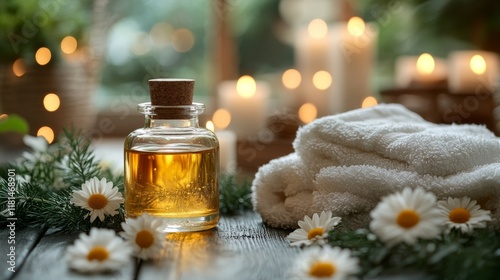 Relaxing spa setup with essential oil and candles in serene indoor space