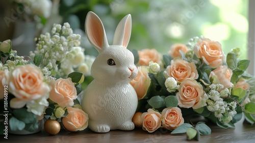 Elegant spring table setting with flowers and bunny decoration for festive ce...