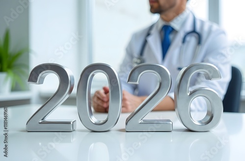 A doctor in a white coat sits at a table, on the table are silver numbers 2026