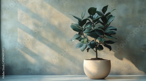 Indoor potted plant positioned near a sunlit window casting shadows on the te...