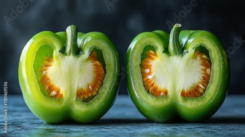 Fresh green bell peppers cut in half on a wooden cutting board with red peppe...