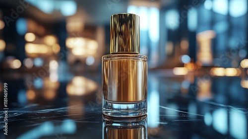 Beautiful golden perfume bottle displayed on a polished surface in a modern s...