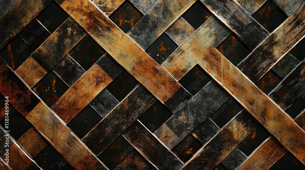 Crosshatched, dark-brown, metallic latticework. Crosshatched, dark-brown, metallic latticework.