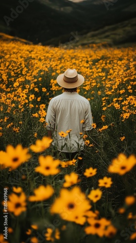 Person walking through a field of yellow flowers on a sunny day in a rural la...