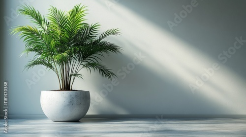 Sunlight flooding a modern room with a large green plant in a white pot near ...