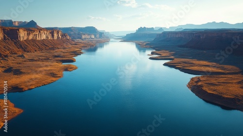Serene river flowing between cliffs shrouded in fog during early morning hours