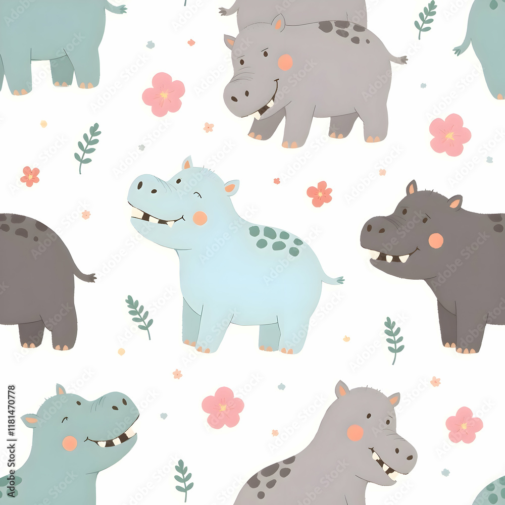 Fototapeta premium Seamless pattern of baby hippopotamus cute