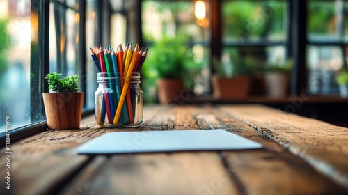 Colorful art supplies arranged on a wooden table with vibrant canvas in the b...