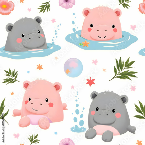 Seamless pattern of baby hippopotamus cute photo