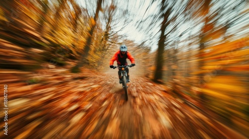 Biker racing through forest trail, motion blur effect, focus on speed and adrenaline, autumn leaves creating dynamic background. photo