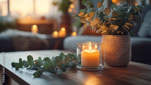 Cozy living room with candle and eucalyptus in evening light creating a peace...