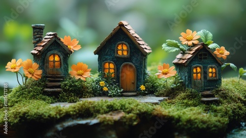 Enchanted miniature houses surrounded by vibrant flowers in a serene natural ...
