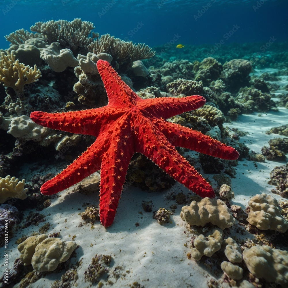 A radiant red starfish on the edge of a coral reef, with a sea breeze softly sweeping the scene. A radiant red starfish on the edge of a coral reef, with a sea breeze softly sweeping the scene.