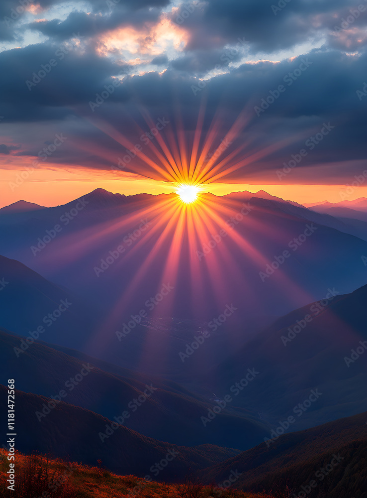 A beautiful sunrise over the mountains, with warm and vibrant colors, and a gradient sky transitioning from pink to orange. The sun is just peeking above the horizon, casting long shadows on A beautiful sunrise over the mountains, with warm and vibrant colors, and a gradient sky transitioning from pink to orange. The sun is just peeking above the horizon, casting long shadows on