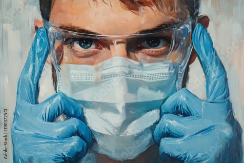 Health worker preparing for patient care with protective gear in a clinical e...