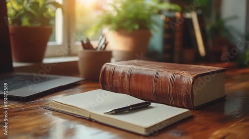 Open book on wooden table with globe and coffee cup in a cozy library setting