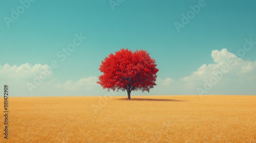 Vibrant yellow landscape with a solitary tree under a bright sky during late ...
