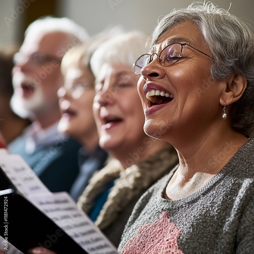 Group of senior choir members singing joyfully during a rehearsal in a community center