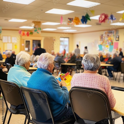 Seniors engage in crafting activities at a community center during a lively afternoon gathering with colorful decorations