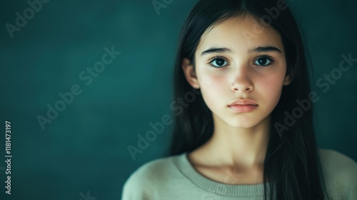 A teen girl looks despondently ahead while sitting in a classroom during the afternoon, surrounded by a muted backdrop photo