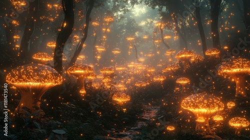 Enchanting forest pathway illuminated by glowing mushrooms at sunset