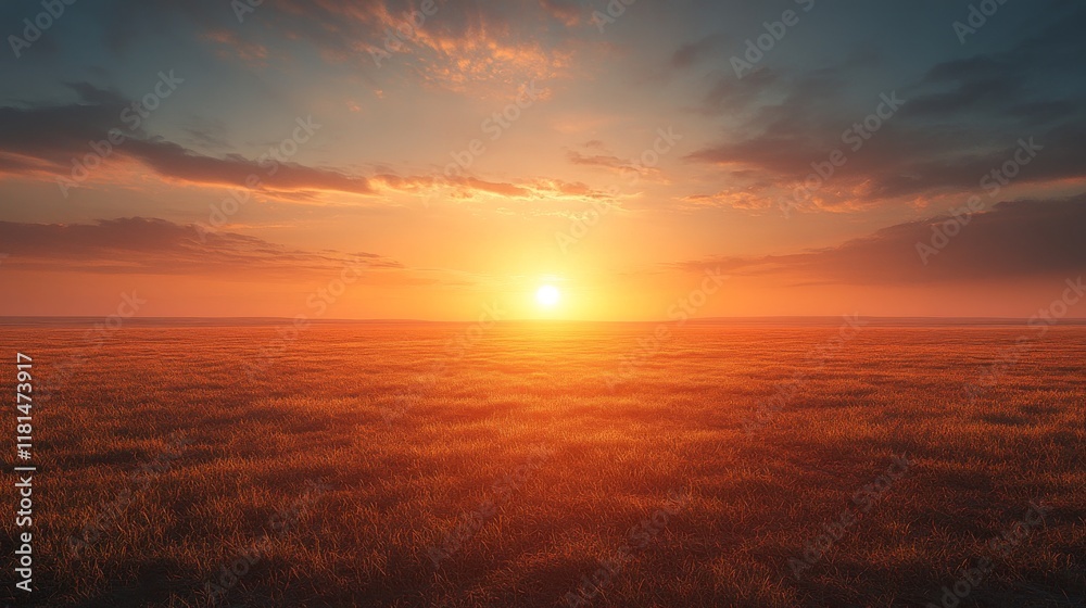 Fototapeta premium Expansive golden grassland under a hazy sky at dawn in an open landscape