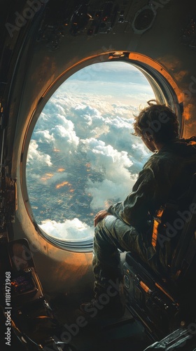 View from an airplane window at sunset with a person observing colorful clouds
