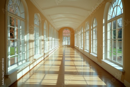 Sunlit hallway with large windows and wooden flooring in a serene environment...