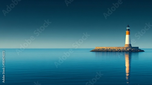 Foggy lighthouse standing tall on stone pier near calm water at dawn