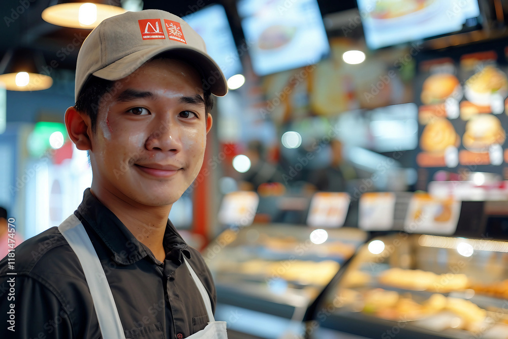 Generative AI Image of a Smiling Fast Food Worker Serving Burgers and Fries in a Cafeteria Setting