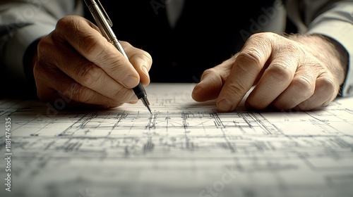 Architect s Focus Close-Up Hands Meticulously Drafting Detailed Architectural Blueprints. photo