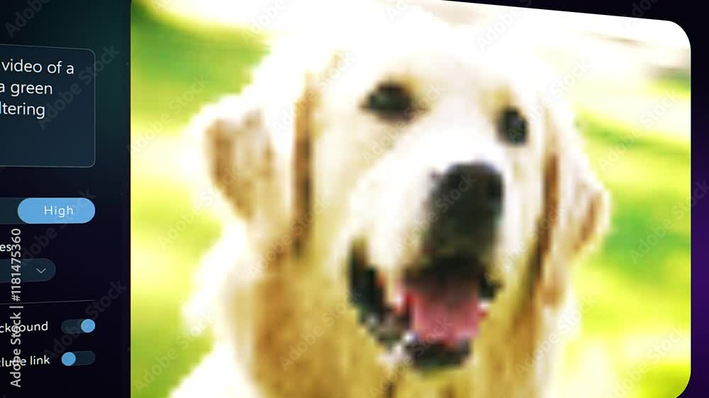 AI Video Generator with Chatbot User Interface Creating a Realistic Golden Retriever Dog Sitting Outdoors on a Green Backyard Lawn, Looking at Camera. Smart, Cute and Noble Pet