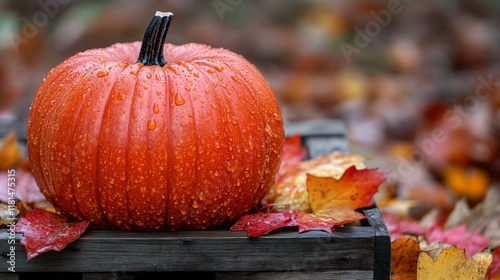 Vibrant orange pumpkin on wooden crate surrounded by colorful autumn leaves i...