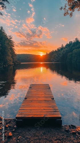 Golden hues cascade over the calm lake as the sun sets on the horizon. A rustic wooden dock invites quiet moments, surrounded by lush greenery and gentle ripples
