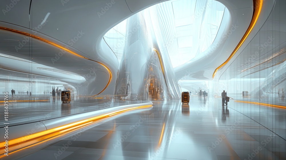 A futuristic airport with smooth curved lines, robotic luggage carriers, and glass walkways. A futuristic airport with smooth curved lines, robotic luggage carriers, and glass walkways.