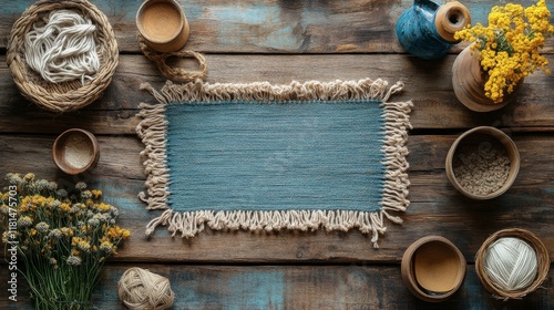 Macrame wall hanging decorated with pine branches and pinecones on wooden bac...