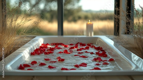 Relaxing bath setup with rose petals and candle in a serene countryside setting