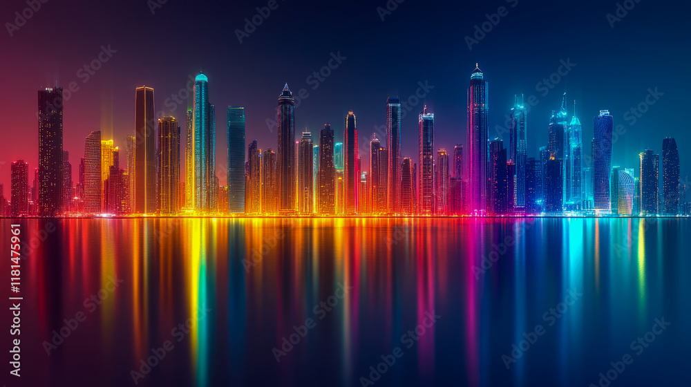 Night cityscape with vibrant colorful skyscrapers reflected in water Night cityscape with vibrant colorful skyscrapers reflected in water