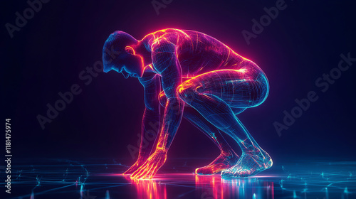 digital representation of human figure crouched position, showcasing vibrant neon lines