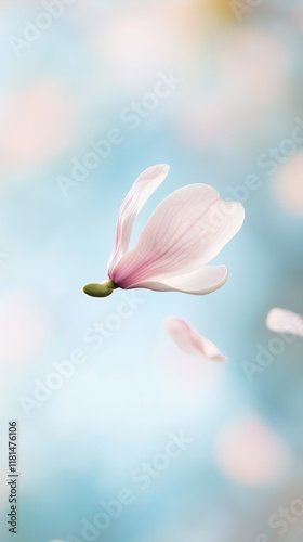 A magnolia petal gently falling through the air, closeup with a blurred background and ample copyspace for text