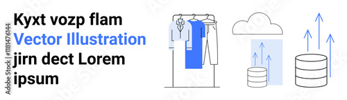 Clothing rack with hanging garments and blue shirt, data storage stacks with upward arrows, cloud representing data transfer. Ideal for data migration, cloud storage, fashion, technology, cloud