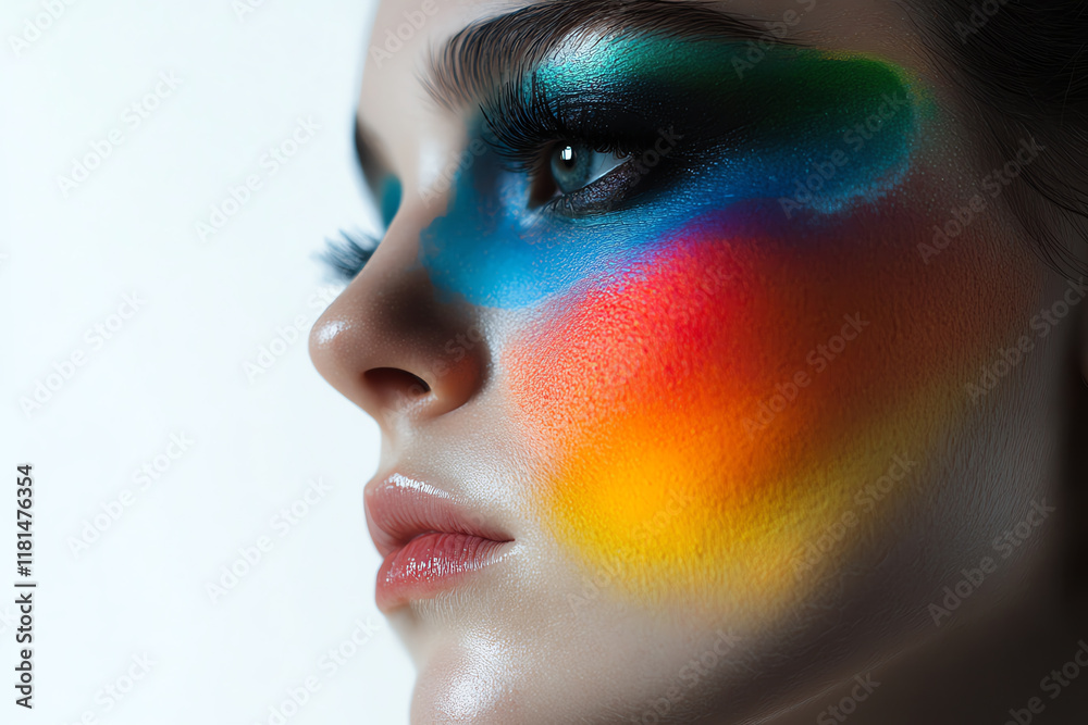 Fototapeta premium A close-up of a woman showcasing vibrant and colorful makeup with artistic designs, emphasizing unique features and bold colors.