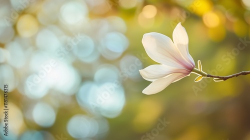 A magnolia petal gently falling through the air, closeup with a blurred background and ample copyspace for text