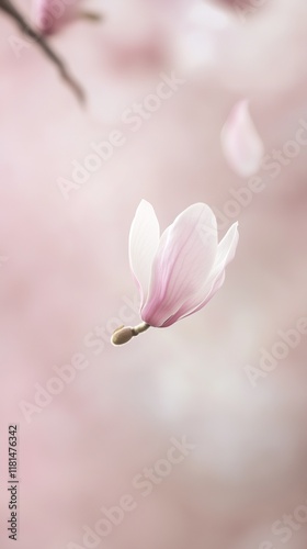 A magnolia petal gently falling through the air, closeup with a blurred background and ample copyspace for text