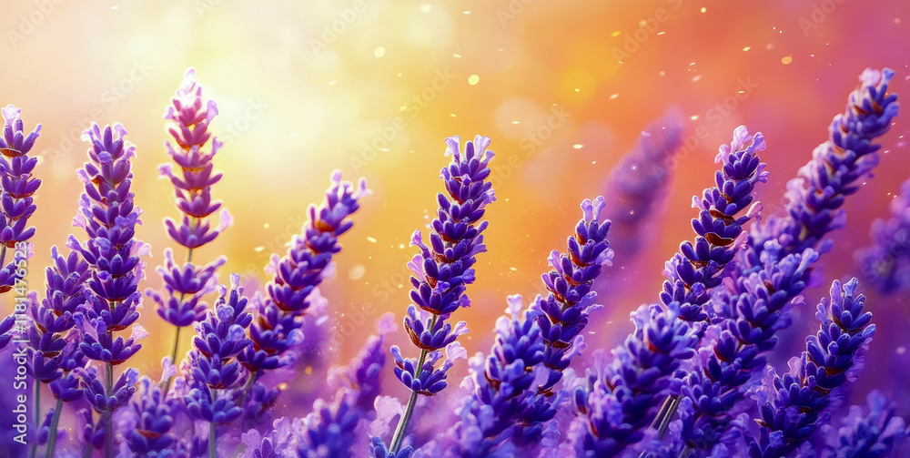 Fototapeta premium Vibrant Lavender Flowers in Sunset Glow: A Close-Up Floral Scene