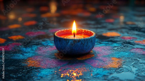 Beautiful diya lamps surrounded by petals create a serene atmosphere during a...