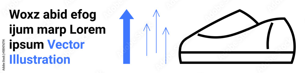 Black outline of a shoe, three blue arrows overlapped by a larger blue arrow pointing upward, placeholder black and blue text. Ideal for web interfaces, fashion, style, sporty design, e-commerce Black outline of a shoe, three blue arrows overlapped by a larger blue arrow pointing upward, placeholder black and blue text. Ideal for web interfaces, fashion, style, sporty design, e-commerce